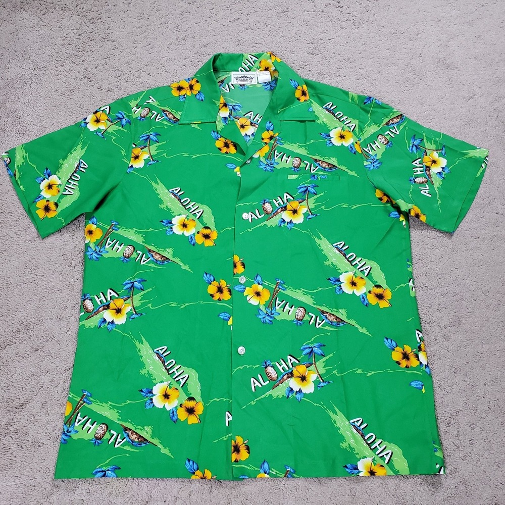 Vintage Malihini Hawaii Shirt Men L Green ALOHA Spellout AOP Hibiscus Floral